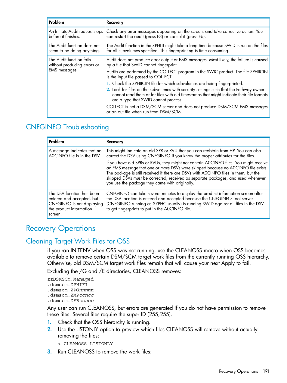 Cnfginfo troubleshooting, Recovery operations, Cleaning target work files for oss | HP Integrity NonStop H-Series User Manual | Page 191 / 252