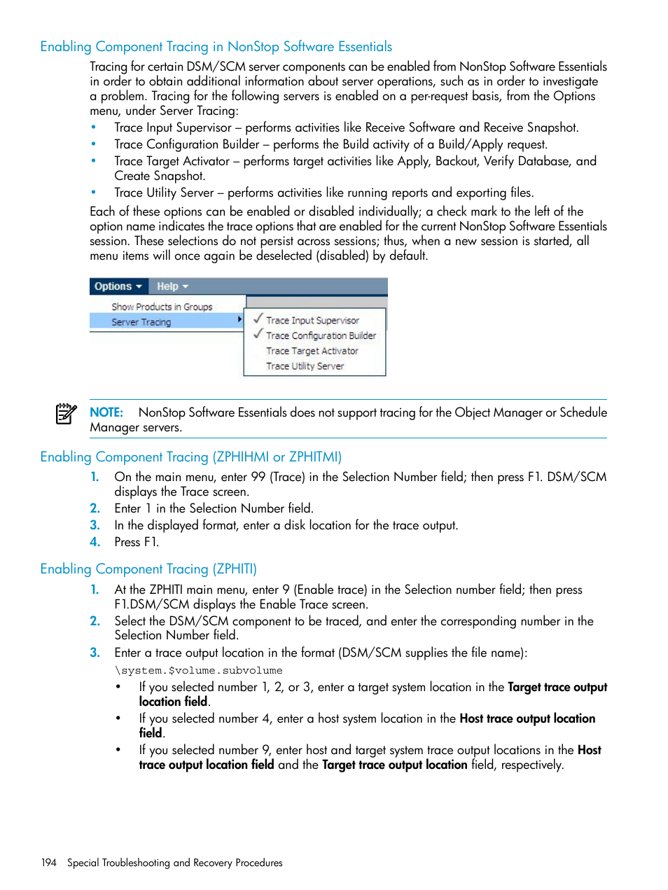 Enabling component tracing (zphihmi or zphitmi), Enabling component tracing (zphiti) | HP Integrity NonStop H-Series User Manual | Page 194 / 252