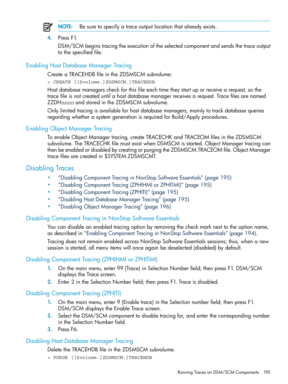 Enabling host database manager tracing, Enabling object manager tracing, Disabling traces | Disabling component tracing (zphihmi or zphitmi), Disabling component tracing (zphiti), Disabling host database manager tracing | HP Integrity NonStop H-Series User Manual | Page 195 / 252