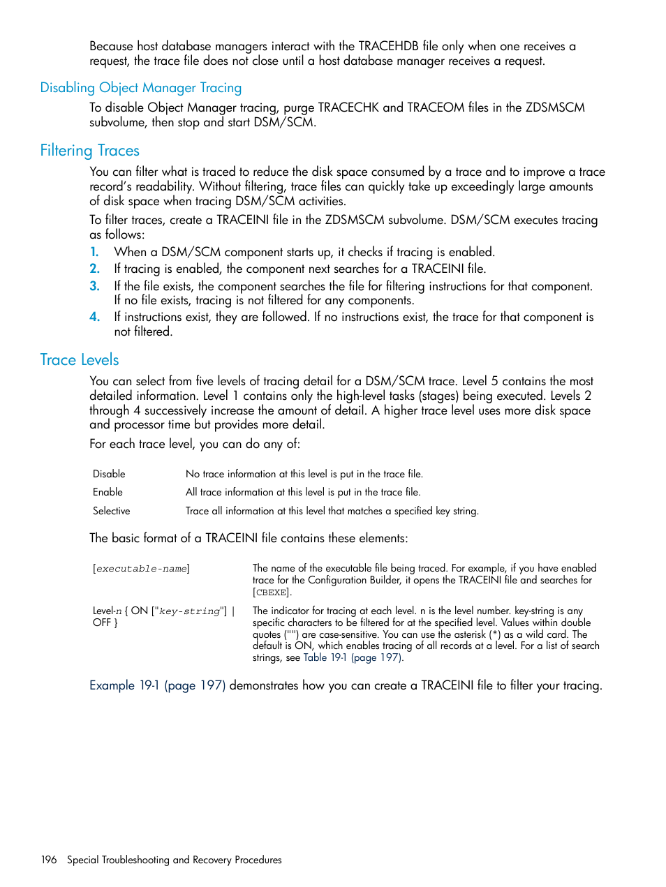 Disabling object manager tracing, Filtering traces, Trace levels | Filtering traces trace levels | HP Integrity NonStop H-Series User Manual | Page 196 / 252
