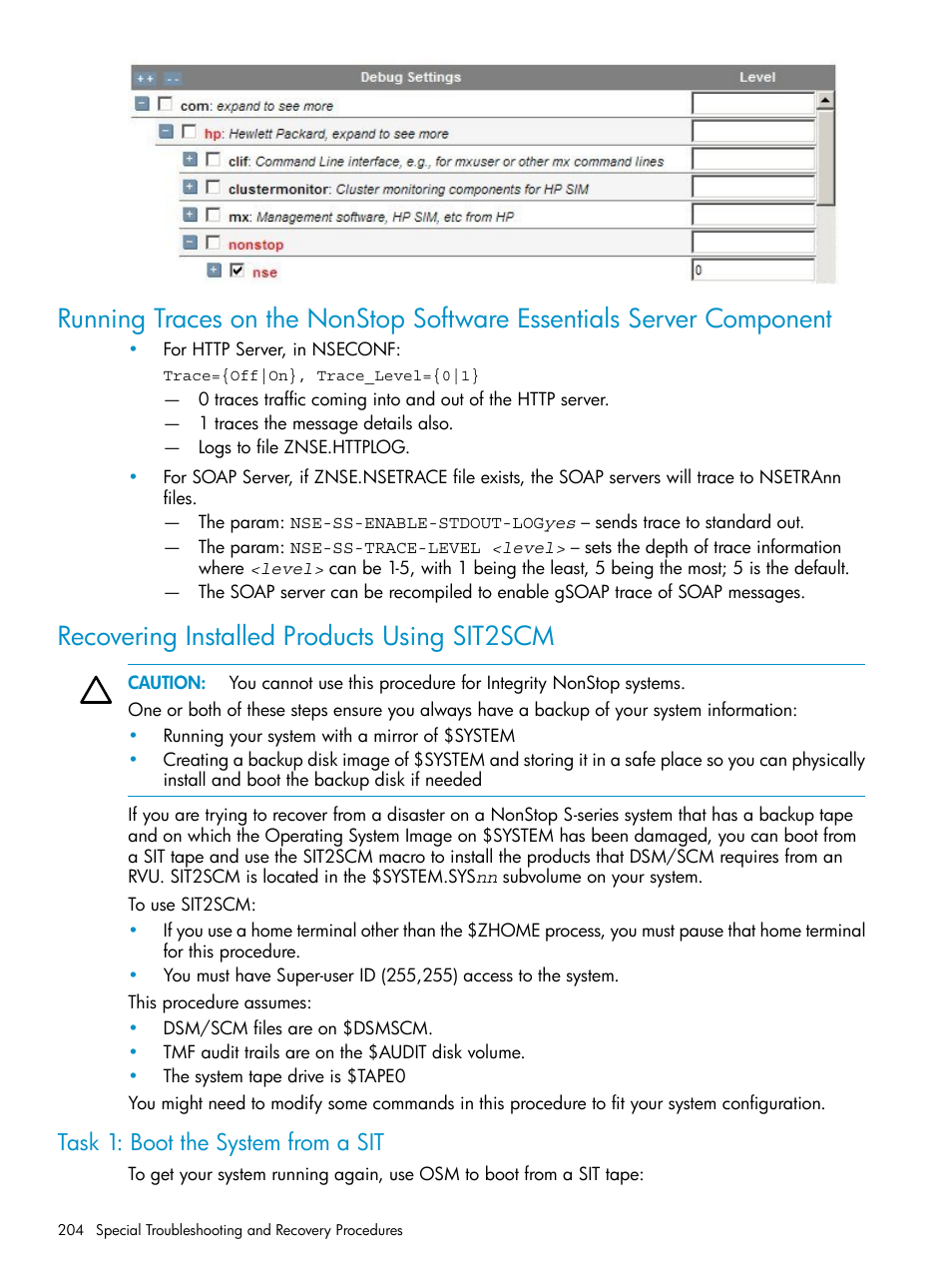 Recovering installed products using sit2scm, Task 1: boot the system from a sit | HP Integrity NonStop H-Series User Manual | Page 204 / 252