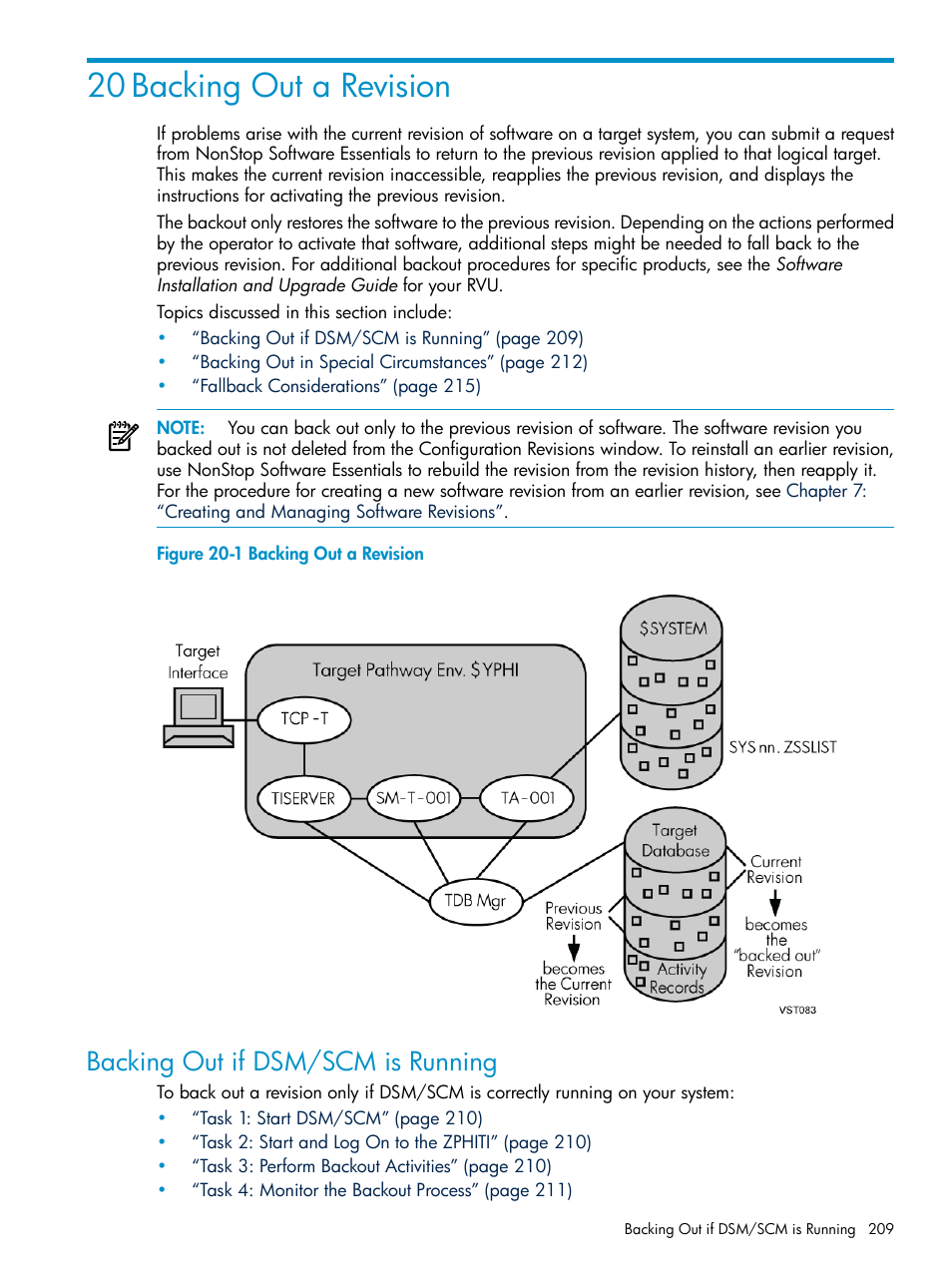 20 backing out a revision, Backing out if dsm/scm is running, Chapter 20: backing out a revision | HP Integrity NonStop H-Series User Manual | Page 209 / 252
