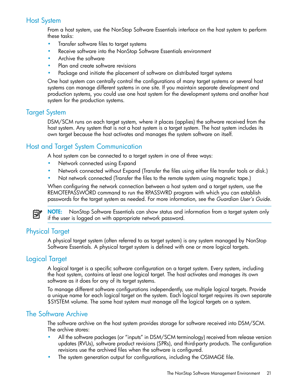 Host system, Target system, Host and target system communication | Physical target, Logical target, The software archive | HP Integrity NonStop H-Series User Manual | Page 21 / 252