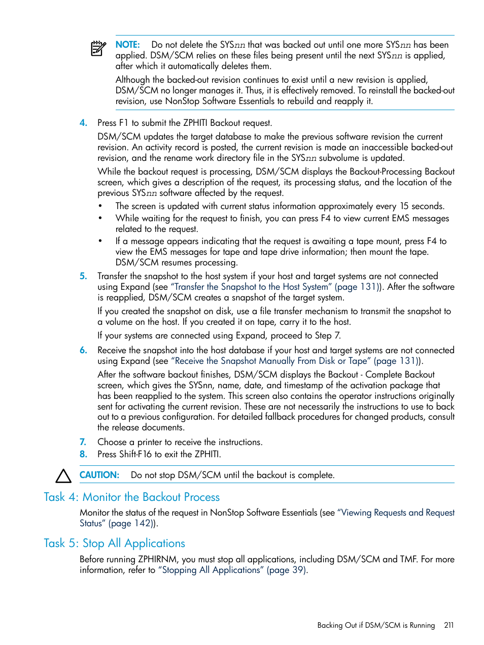 Task 4: monitor the backout process, Task 5: stop all applications | HP Integrity NonStop H-Series User Manual | Page 211 / 252