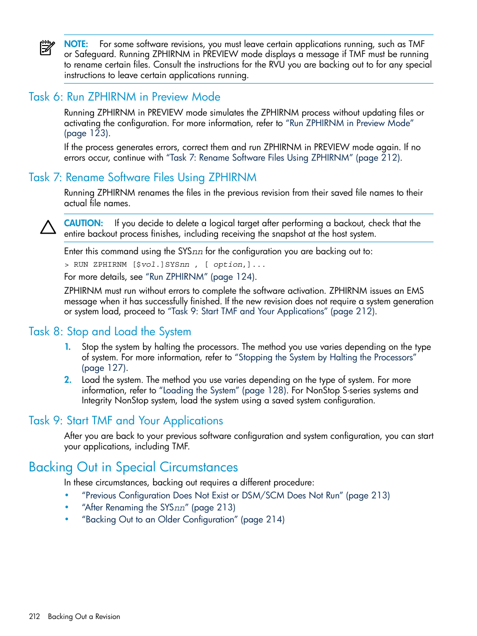 Task 6: run zphirnm in preview mode, Task 7: rename software files using zphirnm, Task 8: stop and load the system | Task 9: start tmf and your applications, Backing out in special circumstances | HP Integrity NonStop H-Series User Manual | Page 212 / 252