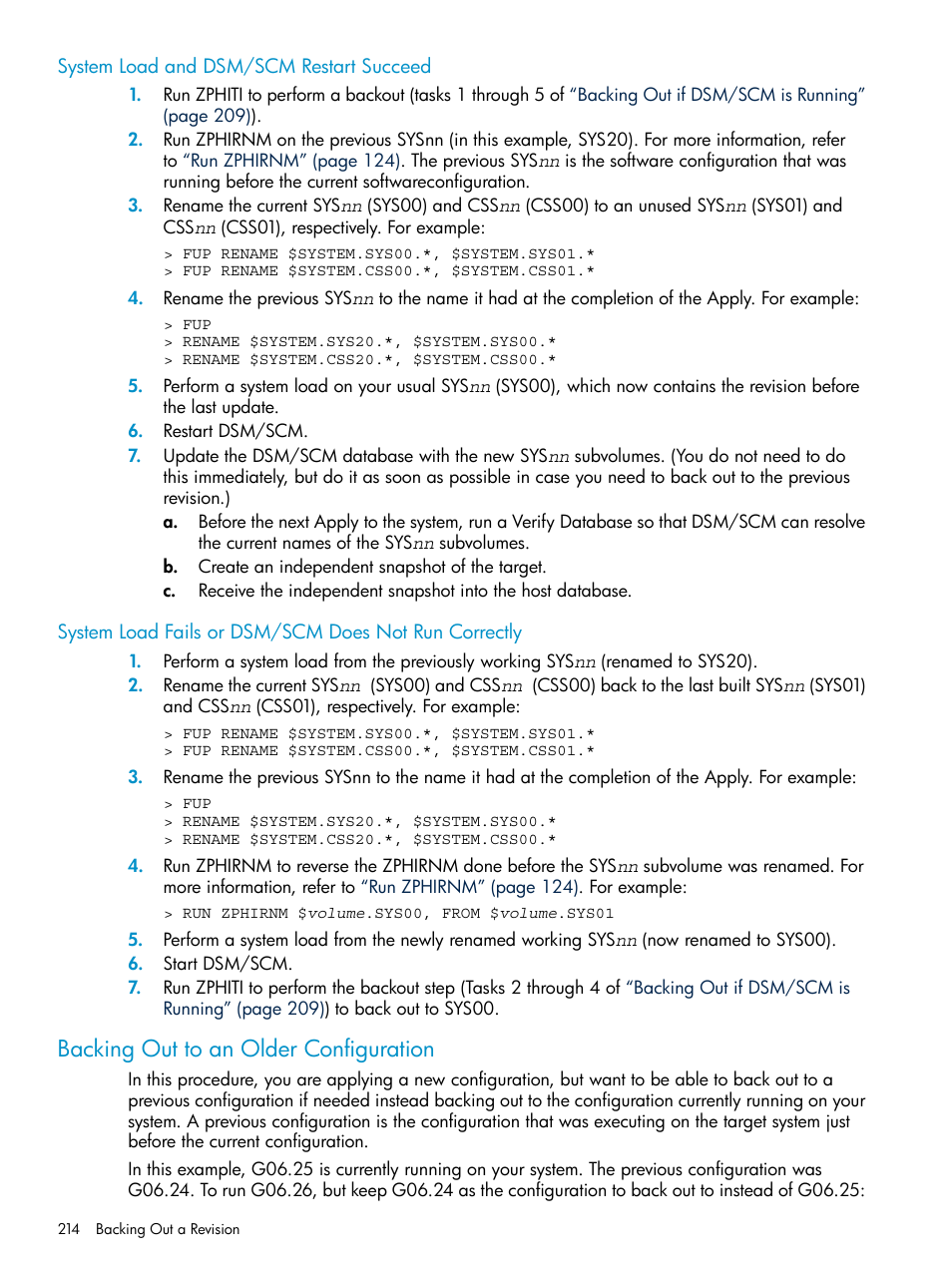 System load and dsm/scm restart succeed, Backing out to an older configuration | HP Integrity NonStop H-Series User Manual | Page 214 / 252