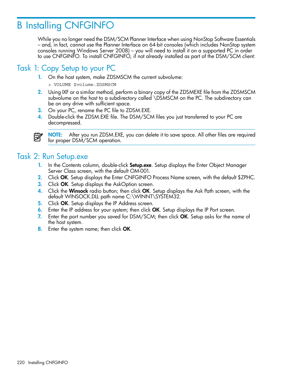 B installing cnfginfo, Task 1: copy setup to your pc, Task 2: run setup.exe | Appendix b: installing cnfginfo | HP Integrity NonStop H-Series User Manual | Page 220 / 252