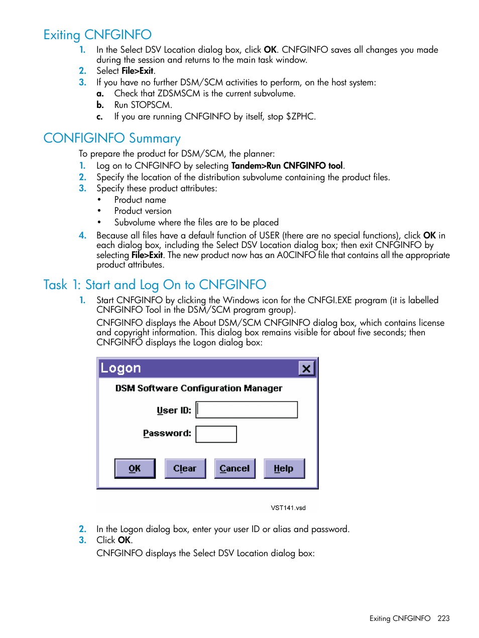 Exiting cnfginfo, Configinfo summary, Task 1: start and log on to cnfginfo | HP Integrity NonStop H-Series User Manual | Page 223 / 252