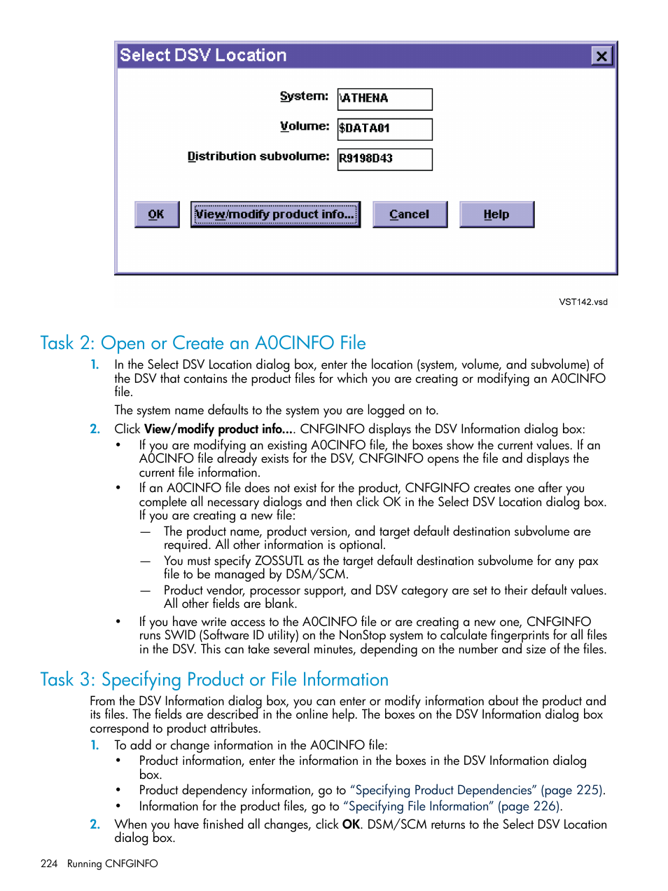 Task 2: open or create an a0cinfo file, Task 3: specifying product or file information | HP Integrity NonStop H-Series User Manual | Page 224 / 252