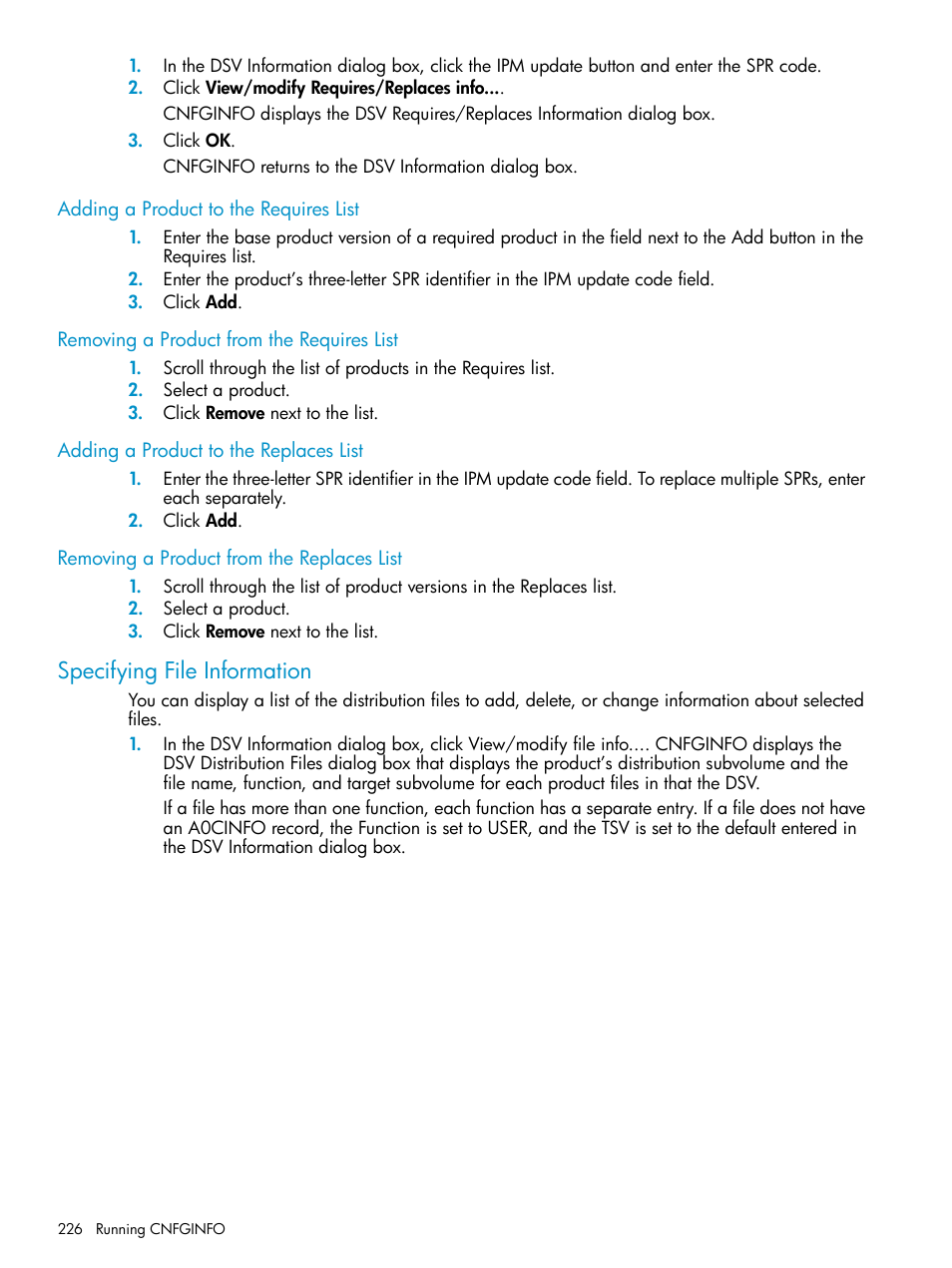 Adding a product to the requires list, Removing a product from the requires list, Adding a product to the replaces list | Removing a product from the replaces list, Specifying file information | HP Integrity NonStop H-Series User Manual | Page 226 / 252