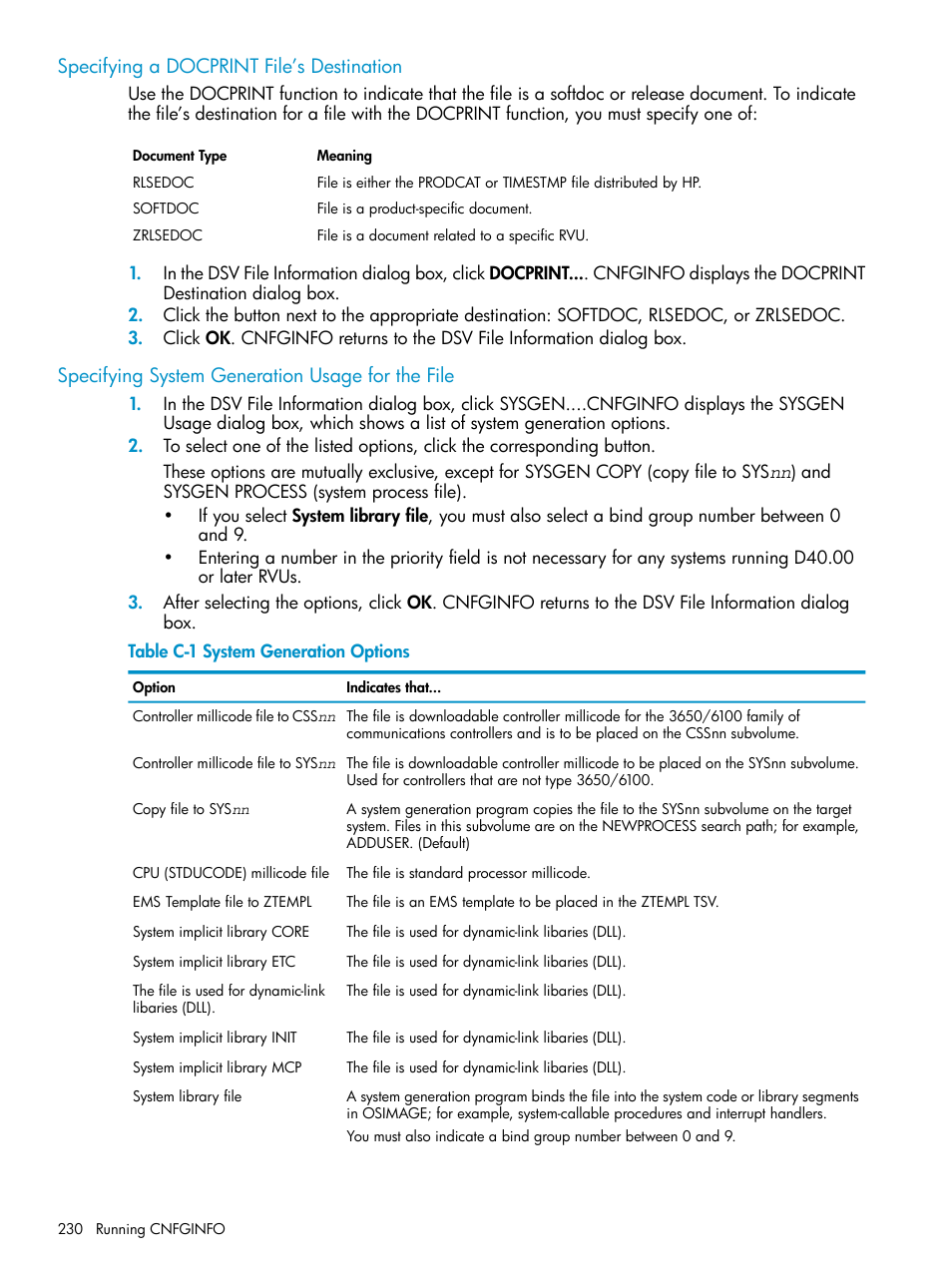 Specifying a docprint file’s destination, Specifying system generation usage for the file | HP Integrity NonStop H-Series User Manual | Page 230 / 252