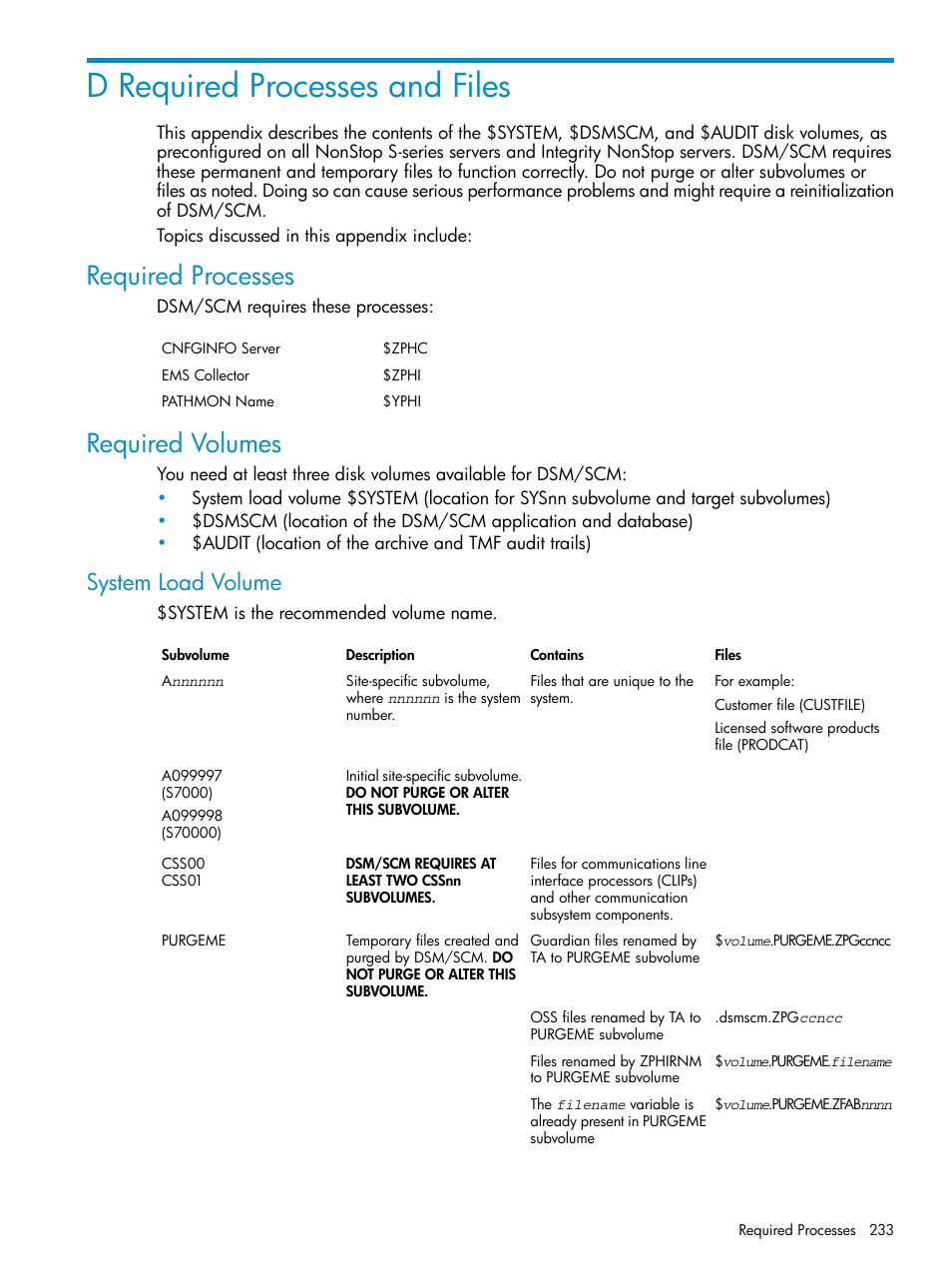 D required processes and files, Required processes, Required volumes | System load volume, Required processes required volumes, Appendix d: required processes and files, Appendix d: “required, Processes and files, Appendix d: “required processes, And files | HP Integrity NonStop H-Series User Manual | Page 233 / 252