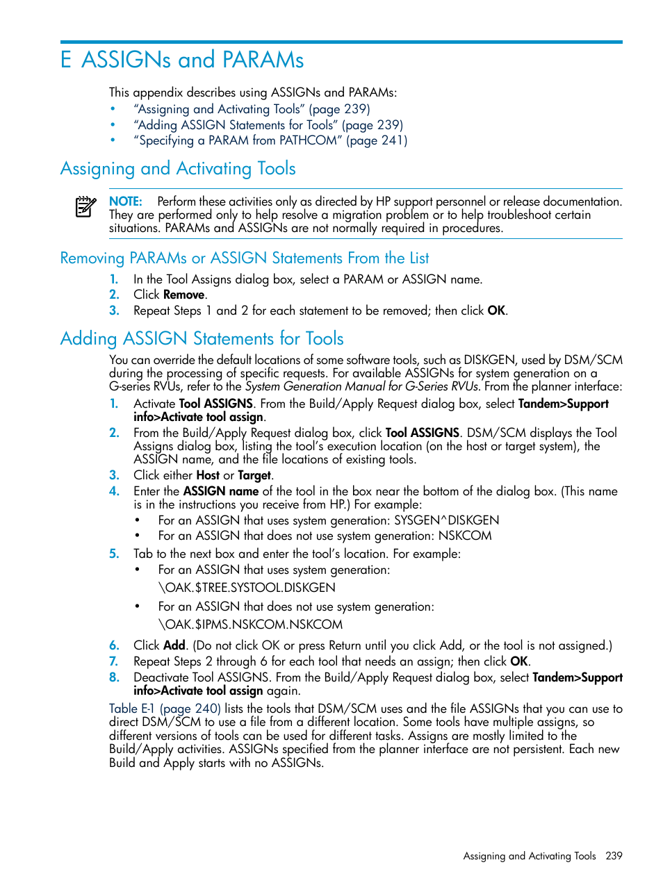 E assigns and params, Assigning and activating tools, Removing params or assign statements from the list | Adding assign statements for tools, Appendix e: assigns and params | HP Integrity NonStop H-Series User Manual | Page 239 / 252