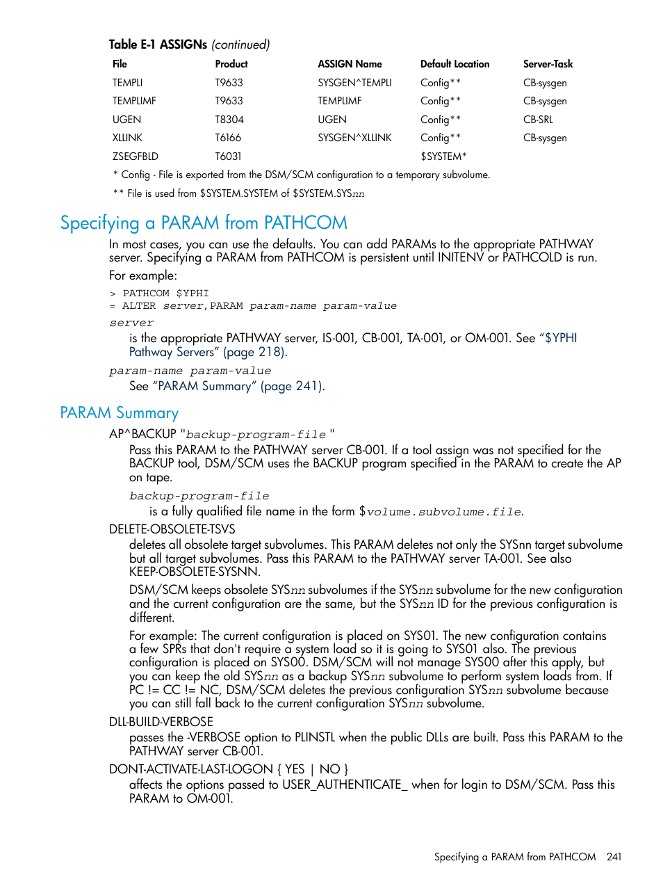 Specifying a param from pathcom, Param summary | HP Integrity NonStop H-Series User Manual | Page 241 / 252