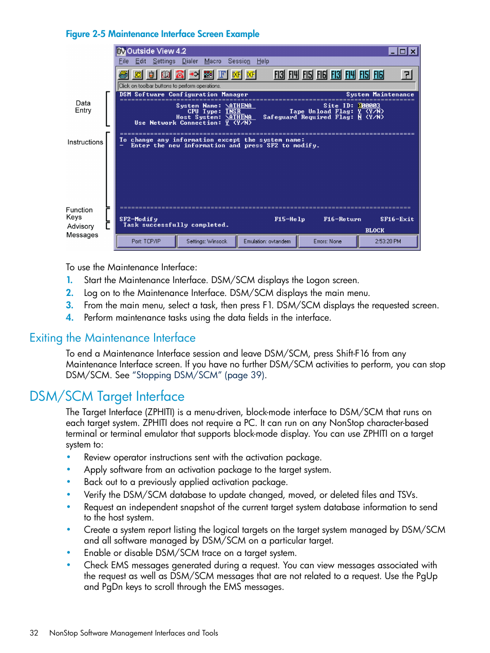 Exiting the maintenance interface, Dsm/scm target interface | HP Integrity NonStop H-Series User Manual | Page 32 / 252
