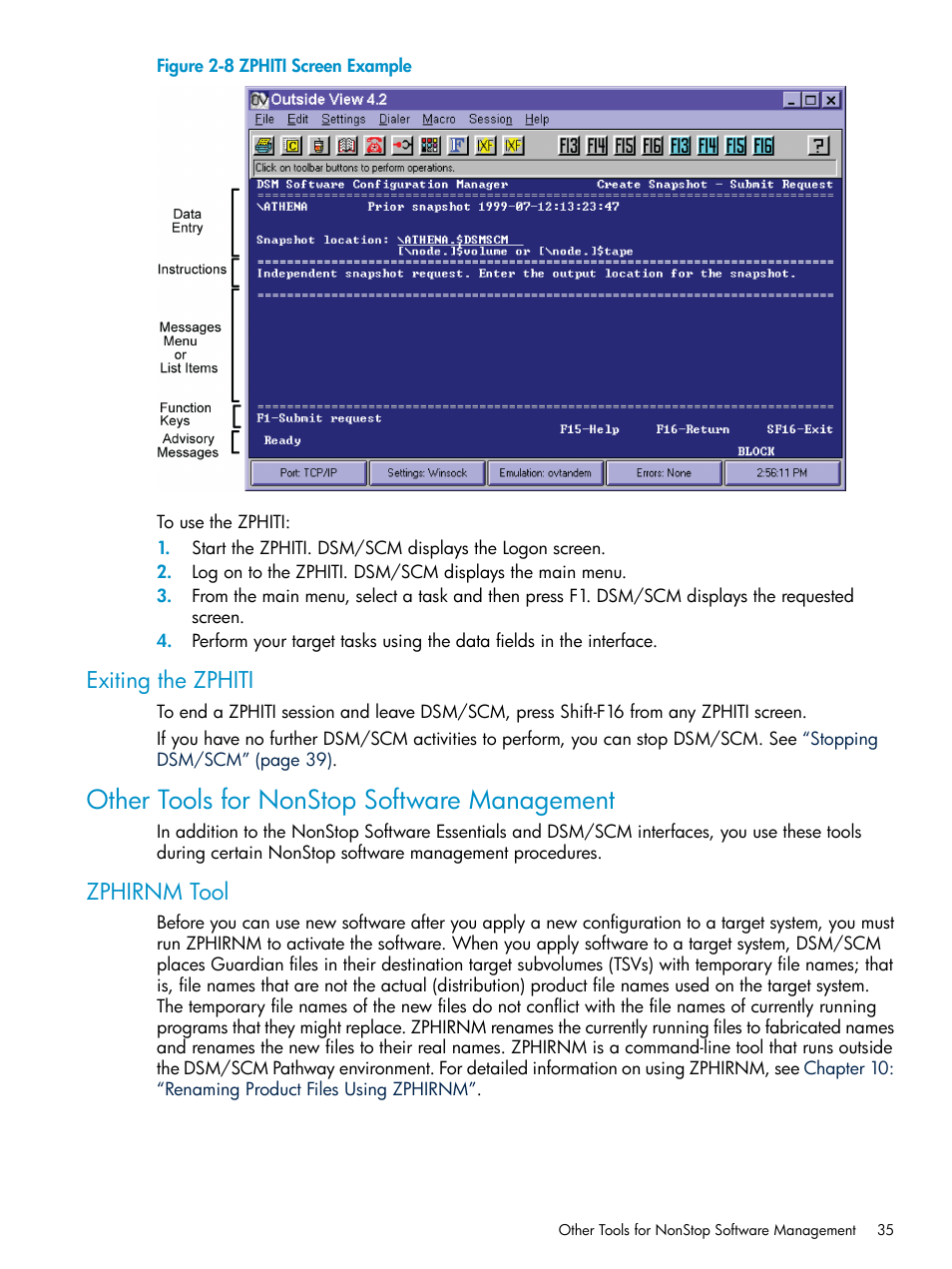 Exiting the zphiti, Other tools for nonstop software management, Zphirnm tool | HP Integrity NonStop H-Series User Manual | Page 35 / 252