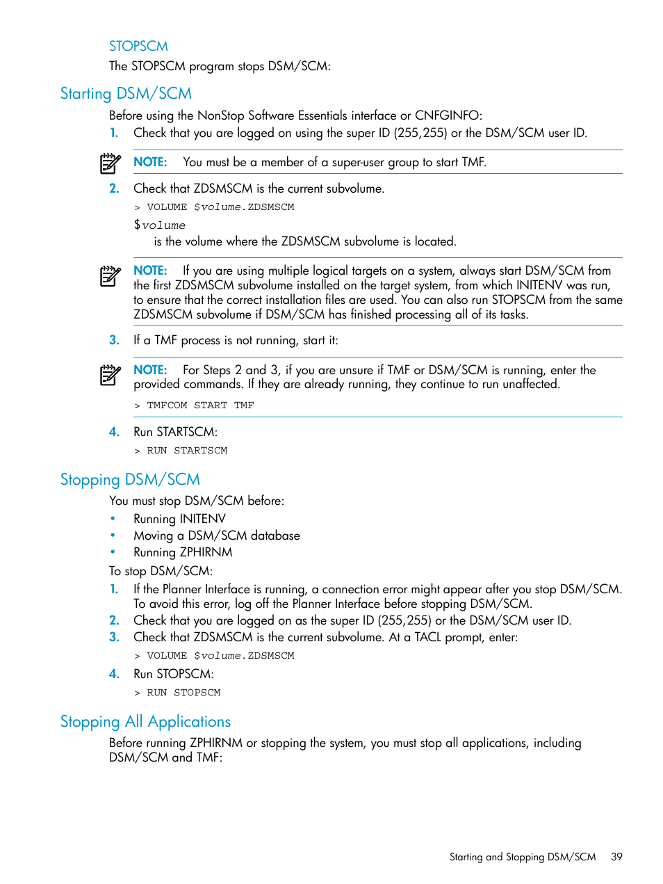 Starting dsm/scm, Stopping dsm/scm, Stopping all applications | Stopping | HP Integrity NonStop H-Series User Manual | Page 39 / 252