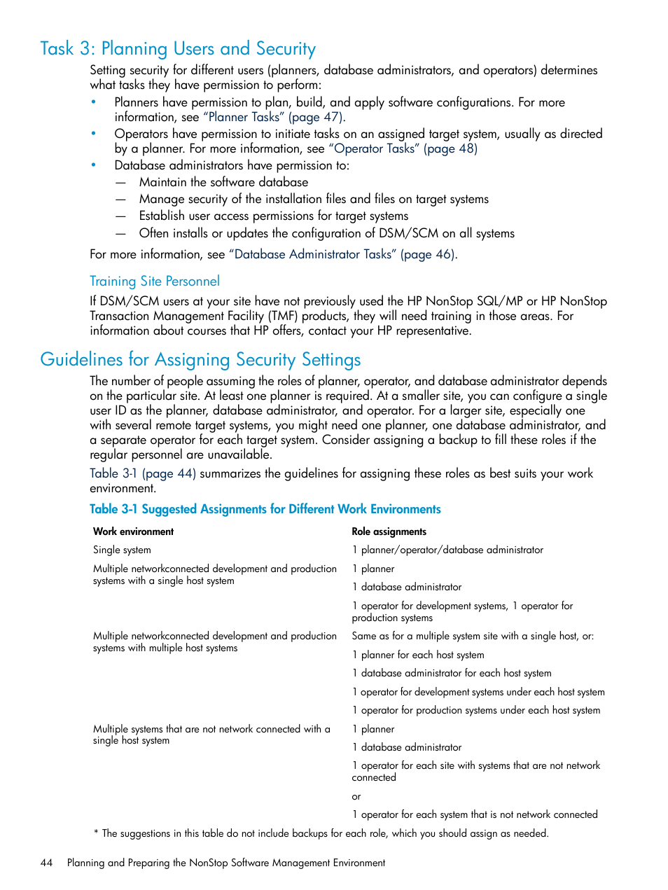 Task 3: planning users and security, Guidelines for assigning security settings | HP Integrity NonStop H-Series User Manual | Page 44 / 252