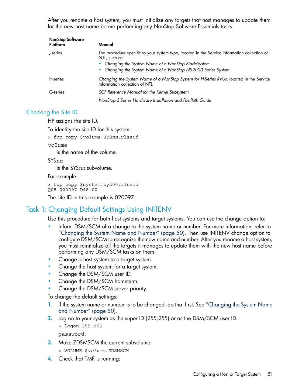 Checking the site id, Task 1: changing default settings using initenv | HP Integrity NonStop H-Series User Manual | Page 51 / 252