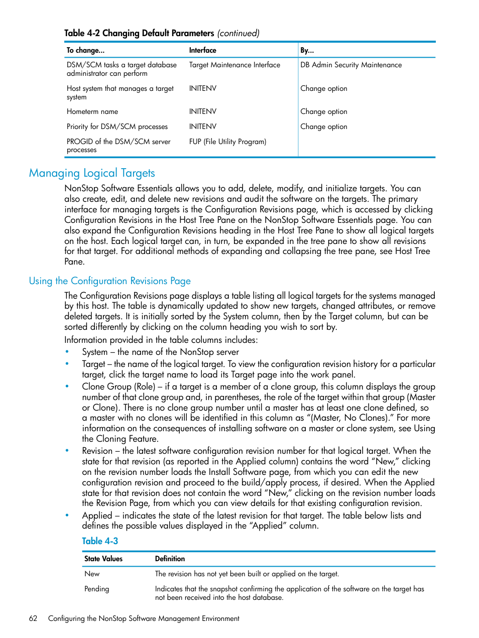 Managing logical targets, Using the configuration revisions page | HP Integrity NonStop H-Series User Manual | Page 62 / 252