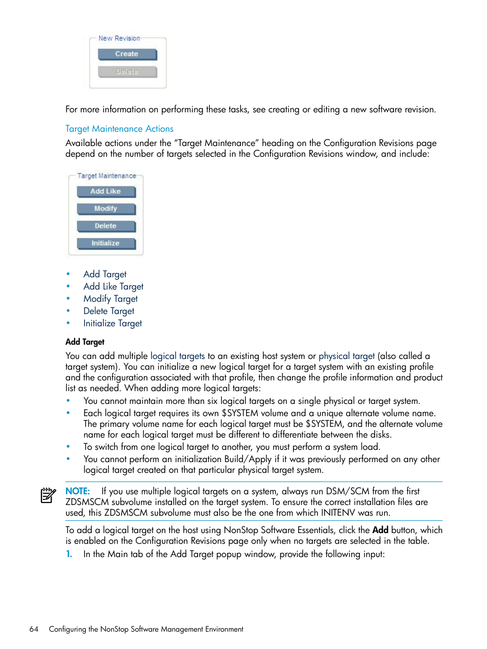 Target maintenance actions, Add additional targets, Target maintenance | HP Integrity NonStop H-Series User Manual | Page 64 / 252