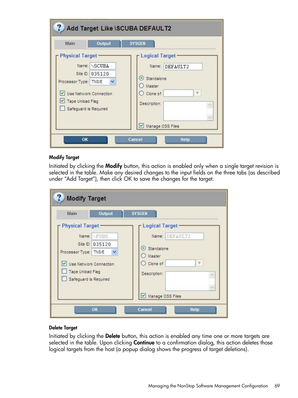 Modify target, Delete target | HP Integrity NonStop H-Series User Manual | Page 69 / 252