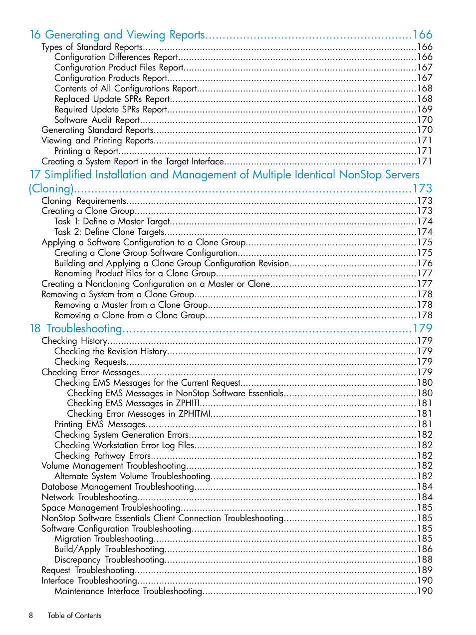 16 generating and viewing reports, 18 troubleshooting | HP Integrity NonStop H-Series User Manual | Page 8 / 252