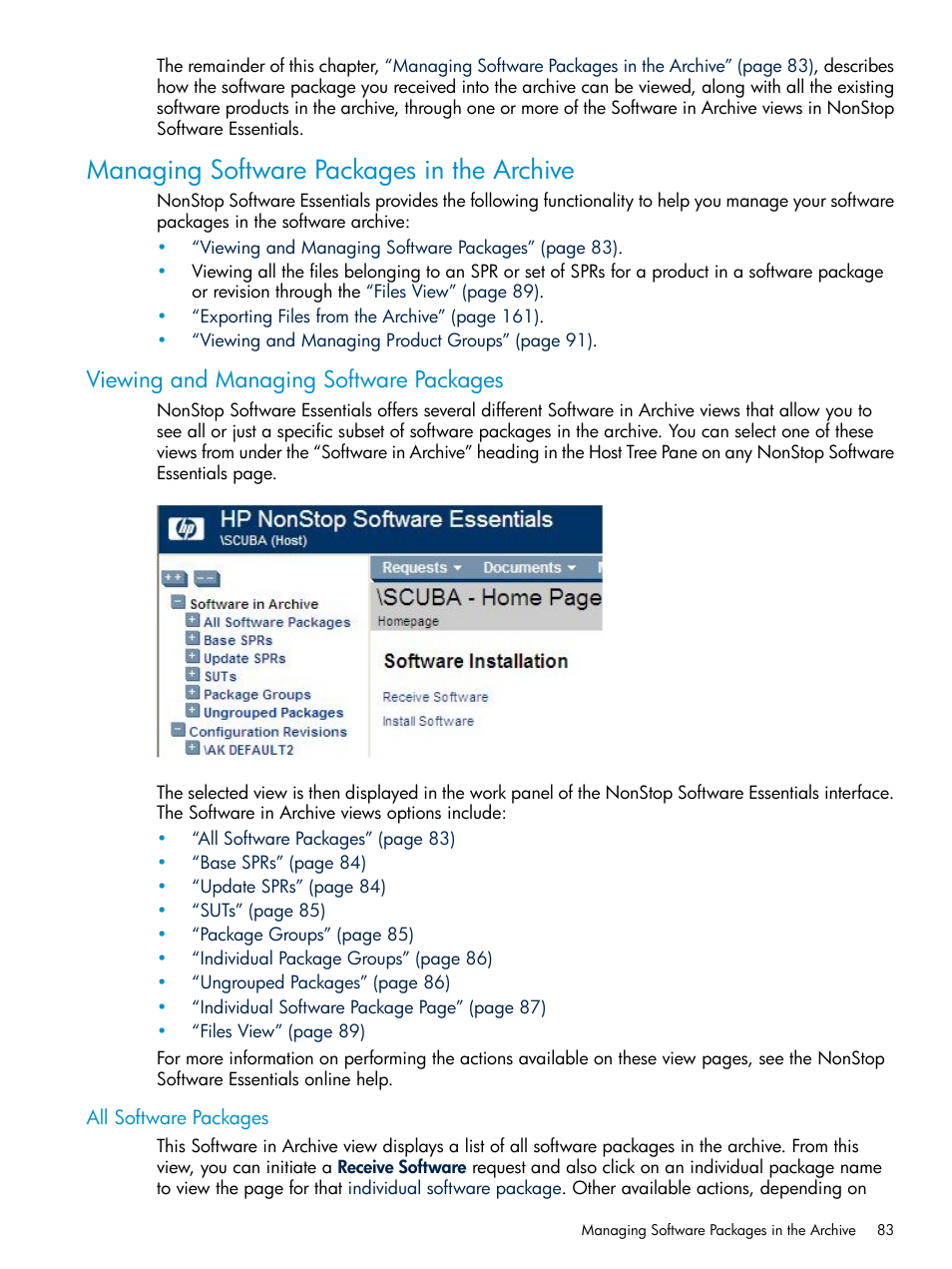 Managing software packages in the archive, Viewing and managing software packages, All software packages | HP Integrity NonStop H-Series User Manual | Page 83 / 252