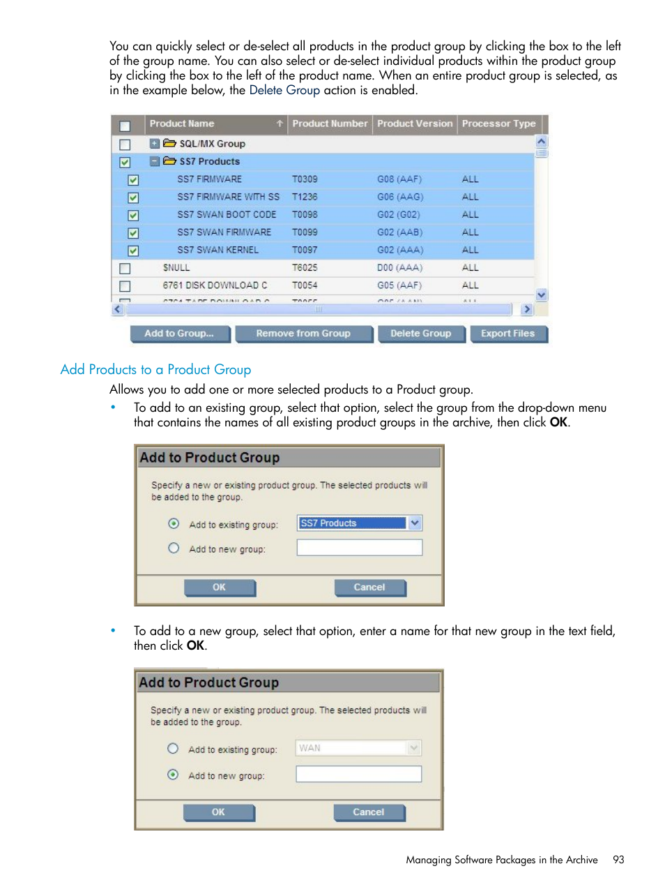 Add products to a product group, Add to group | HP Integrity NonStop H-Series User Manual | Page 93 / 252