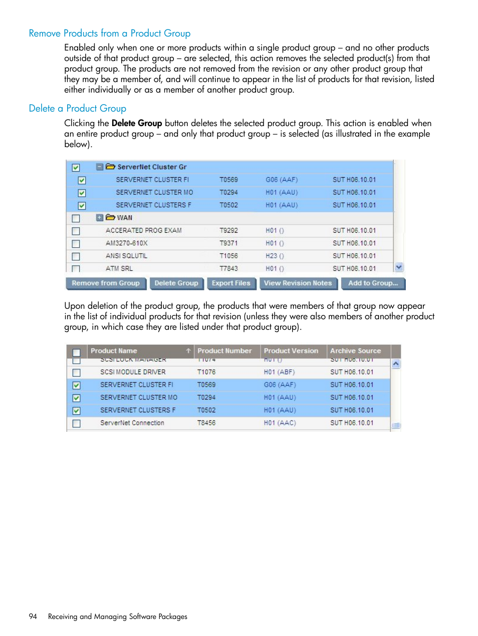 Remove products from a product group, Delete a product group, Remove from group | HP Integrity NonStop H-Series User Manual | Page 94 / 252