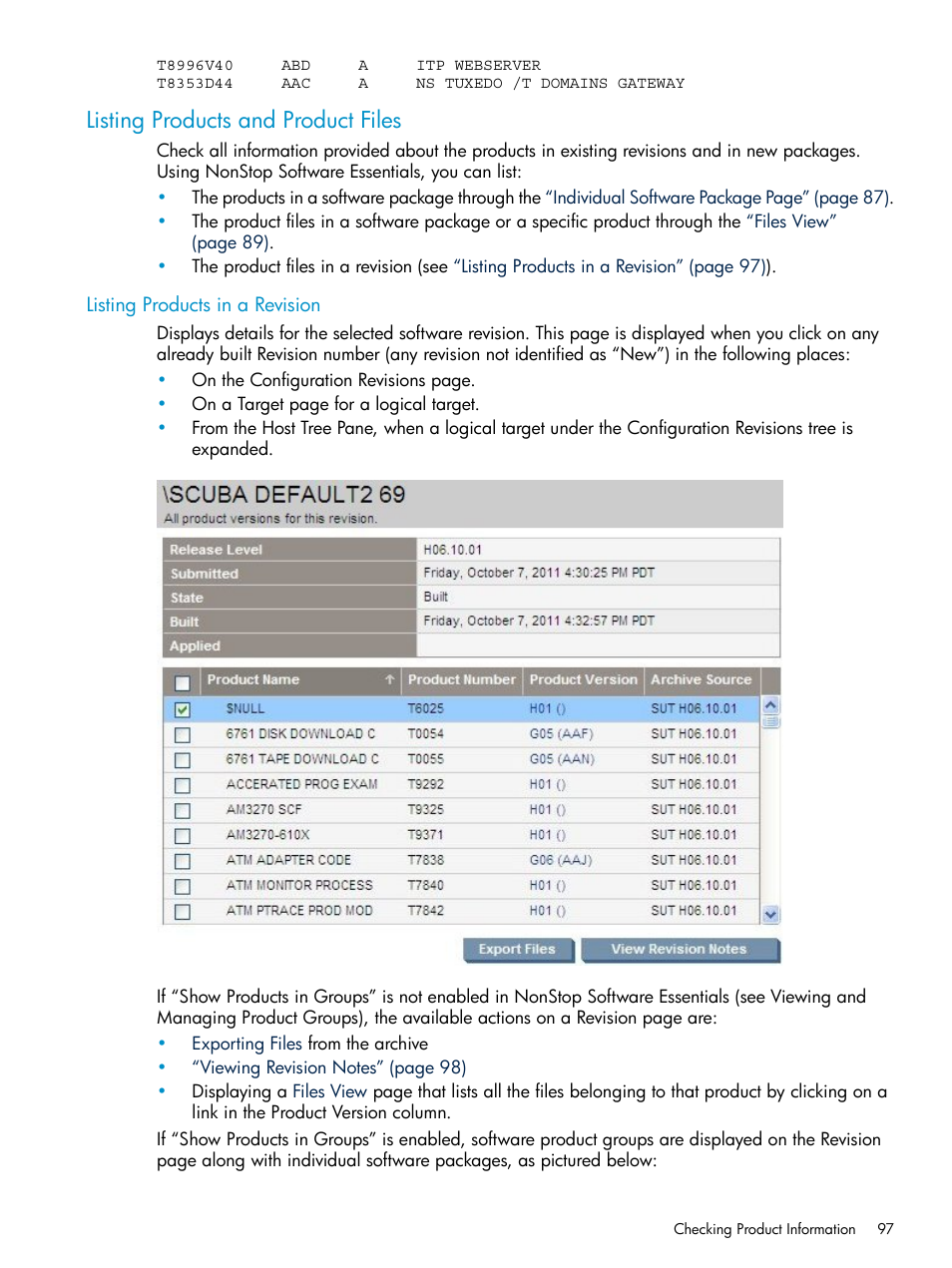 Listing products and product files, Listing products in a revision | HP Integrity NonStop H-Series User Manual | Page 97 / 252