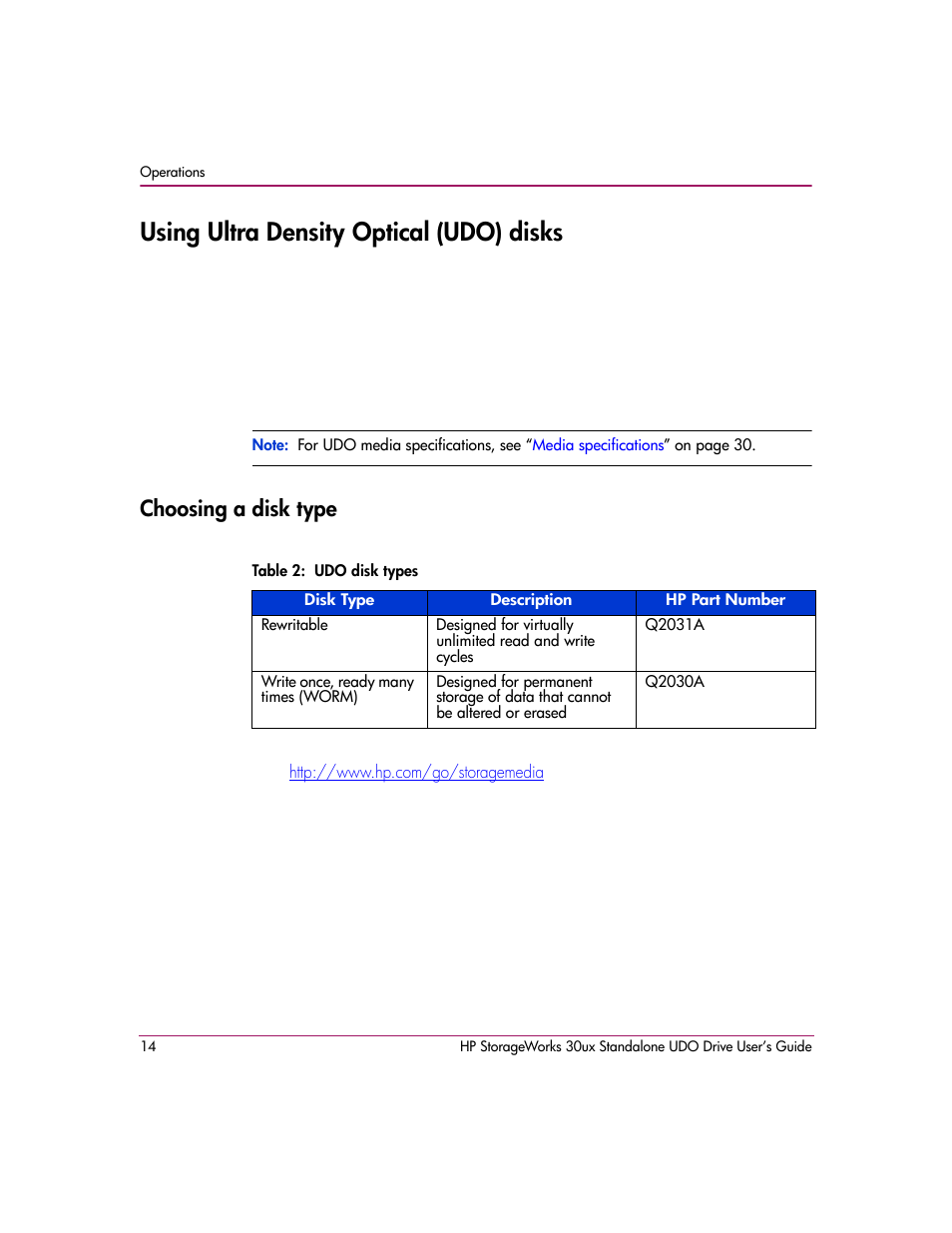 Using ultra density optical (udo) disks, Choosing a disk type, Table 2: udo disk types | HP StorageWorks Ultra Density Optical Storage User Manual | Page 14 / 48