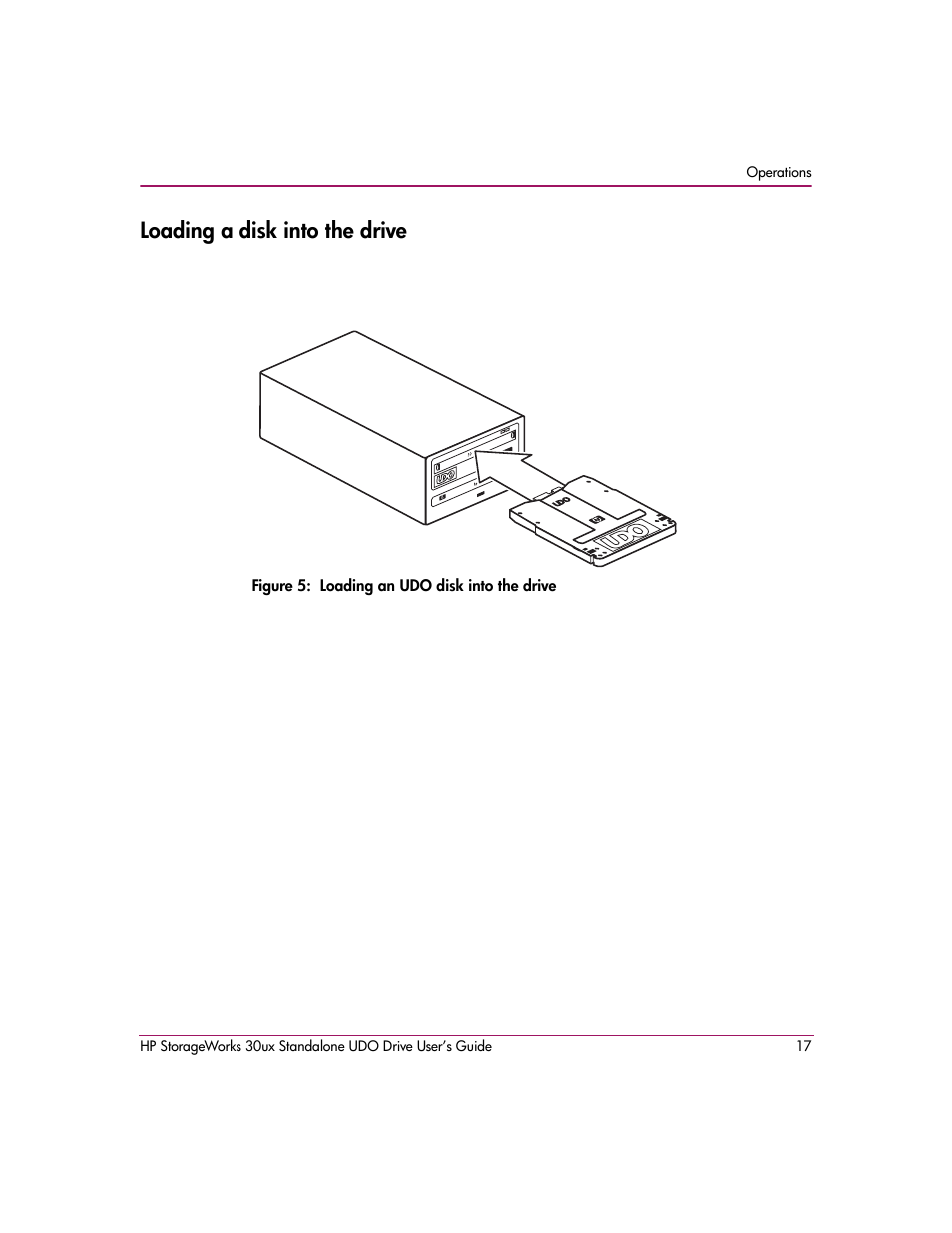 Loading a disk into the drive, Figure 5: loading an udo disk into the drive | HP StorageWorks Ultra Density Optical Storage User Manual | Page 17 / 48