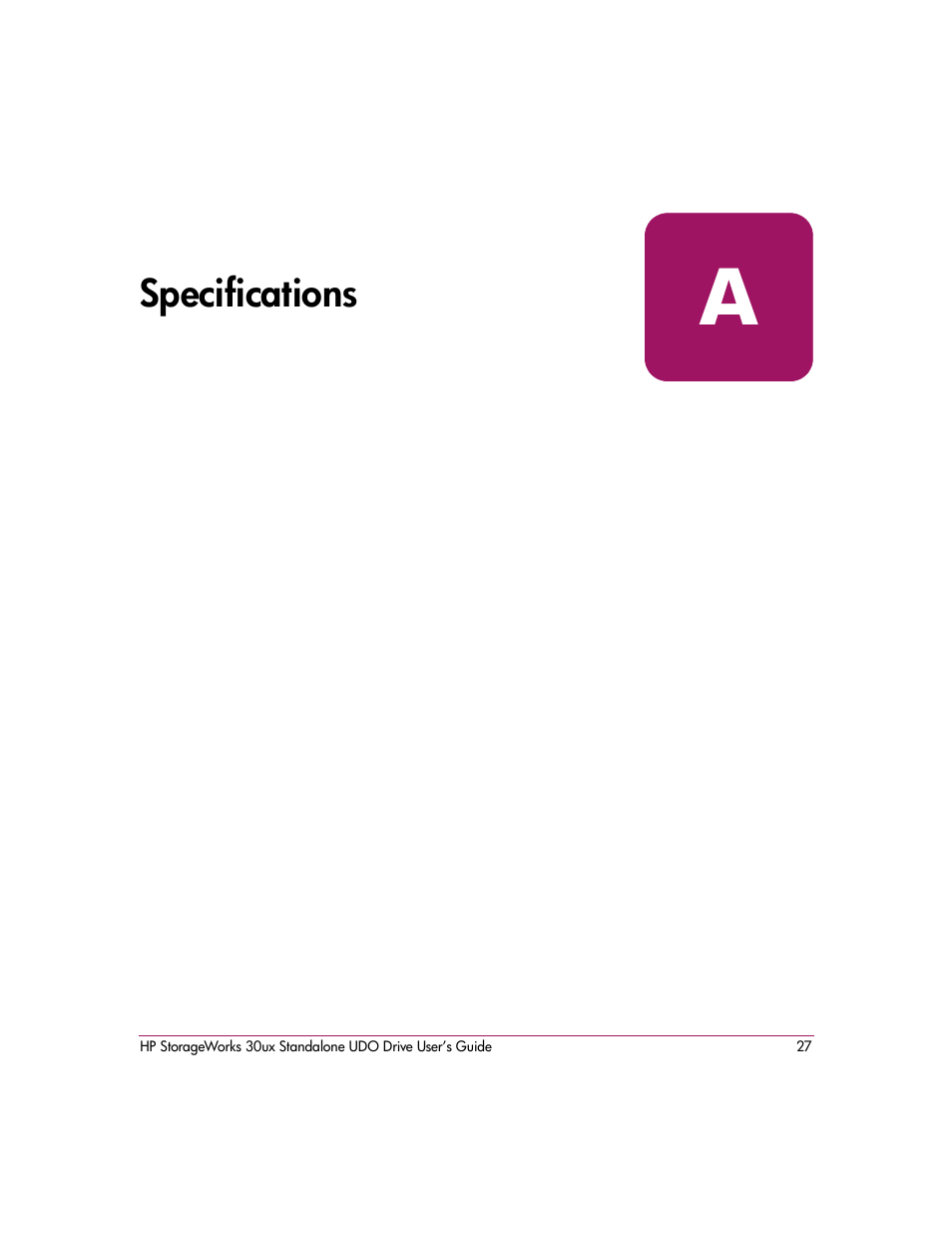 Specifications, A specifications | HP StorageWorks Ultra Density Optical Storage User Manual | Page 27 / 48