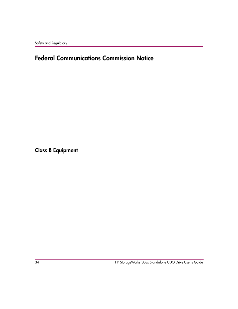 Federal communications commission notice, Class b equipment | HP StorageWorks Ultra Density Optical Storage User Manual | Page 34 / 48