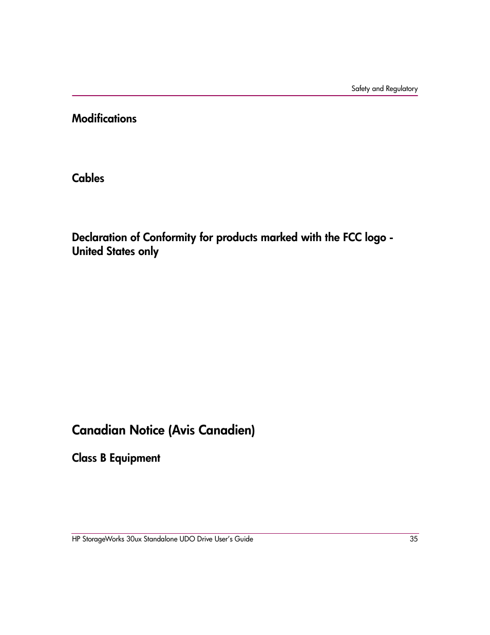 Modifications, Cables, Canadian notice (avis canadien) | Class b equipment | HP StorageWorks Ultra Density Optical Storage User Manual | Page 35 / 48
