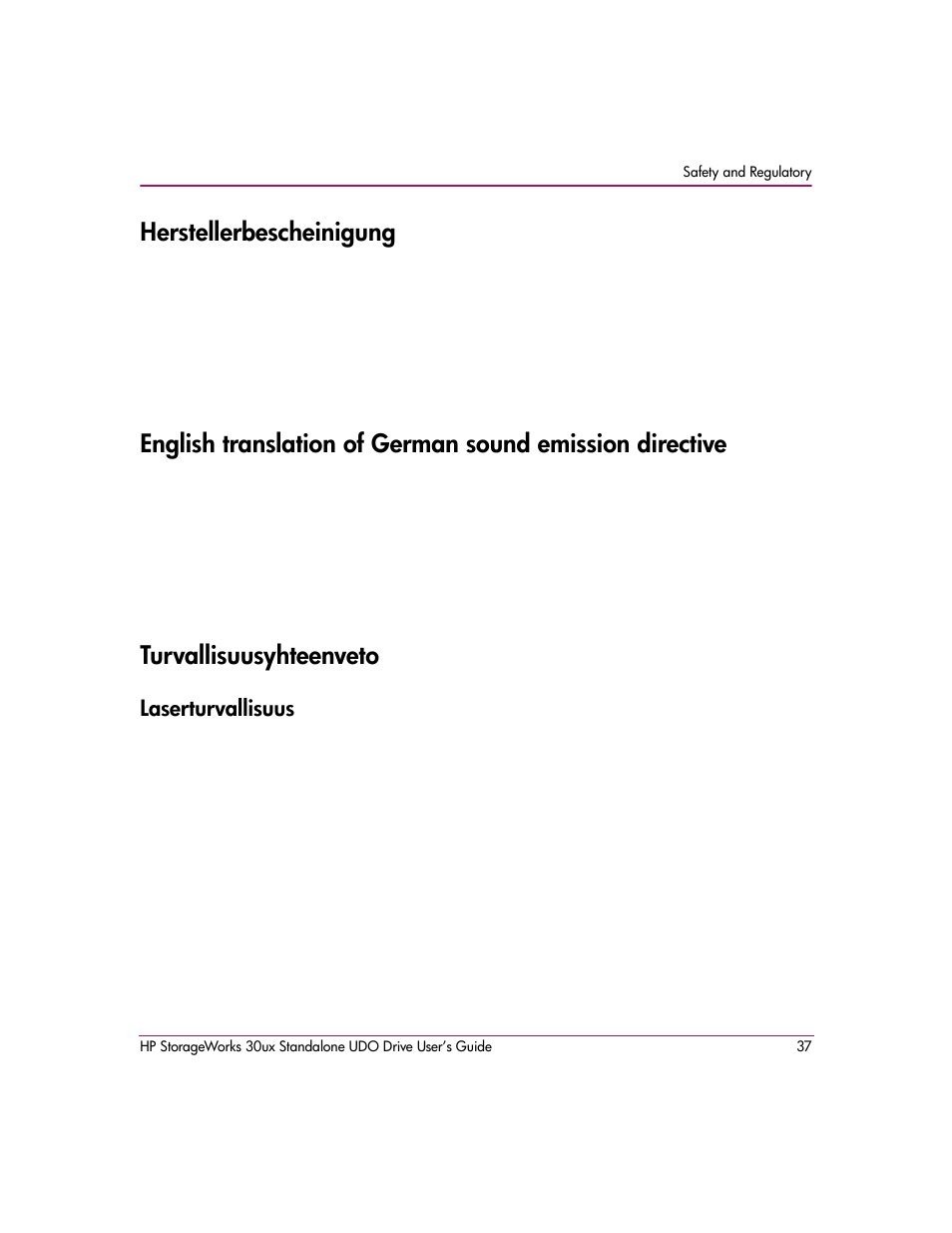 Herstellerbescheinigung, Turvallisuusyhteenveto, Laserturvallisuus | HP StorageWorks Ultra Density Optical Storage User Manual | Page 37 / 48