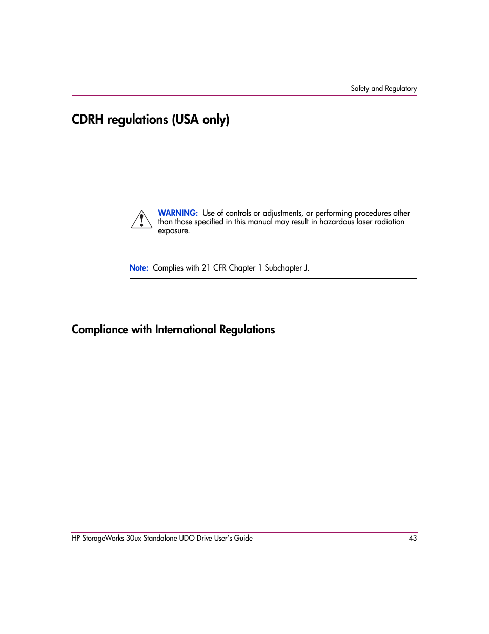 Cdrh regulations (usa only), Compliance with international regulations | HP StorageWorks Ultra Density Optical Storage User Manual | Page 43 / 48