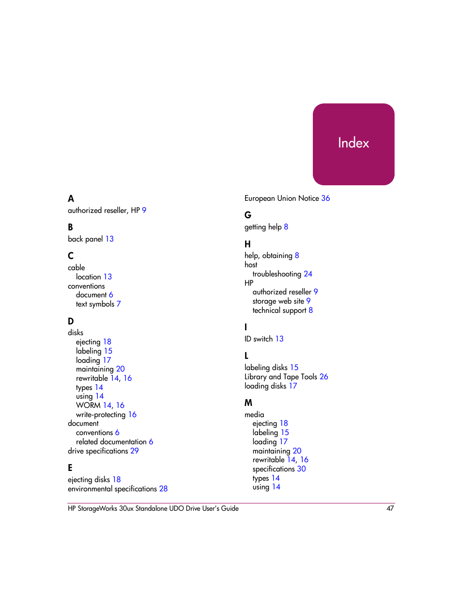 Index | HP StorageWorks Ultra Density Optical Storage User Manual | Page 47 / 48