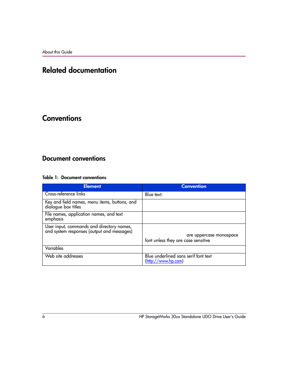 Related documentation, Conventions, Document conventions | Table 1: document conventions, Related documentation conventions | HP StorageWorks Ultra Density Optical Storage User Manual | Page 6 / 48