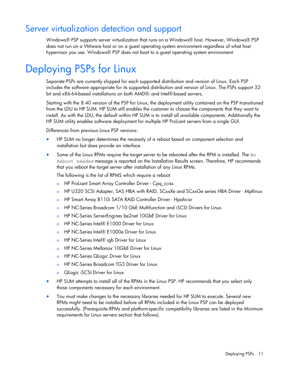Server virtualization detection and support, Deploying psps for linux | HP ProLiant Support Pack User Manual | Page 11 / 32