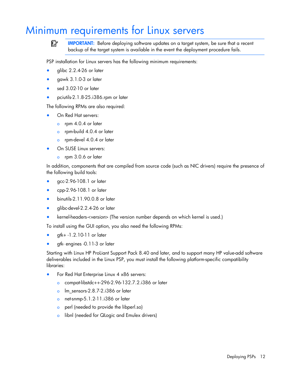 Minimum requirements for linux servers | HP ProLiant Support Pack User Manual | Page 12 / 32