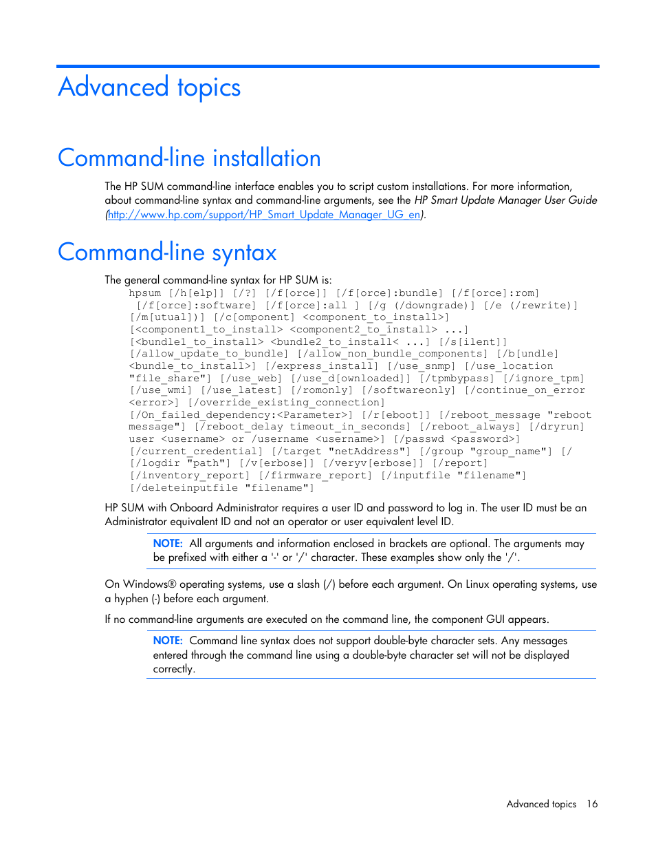 Advanced topics, Command-line installation, Command-line syntax | Command-line installation command-line syntax | HP ProLiant Support Pack User Manual | Page 16 / 32