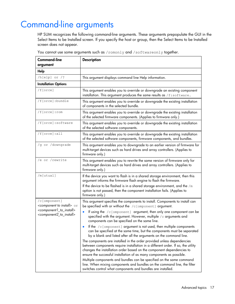 Command-line arguments | HP ProLiant Support Pack User Manual | Page 17 / 32