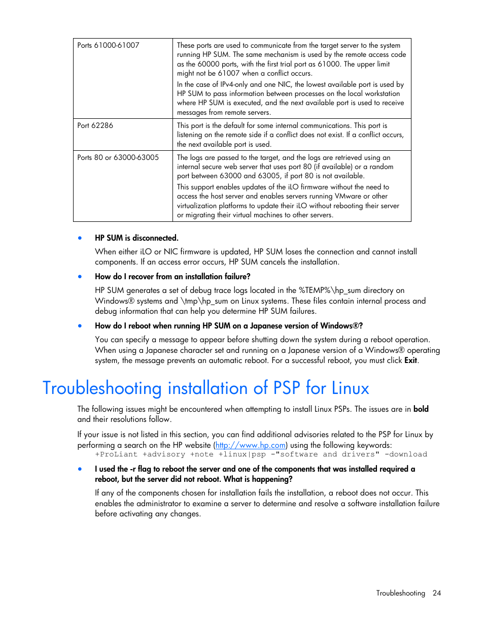 Troubleshooting installation of psp for linux | HP ProLiant Support Pack User Manual | Page 24 / 32