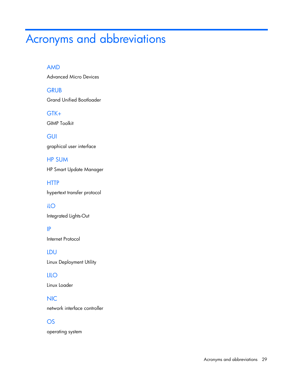 Acronyms and abbreviations | HP ProLiant Support Pack User Manual | Page 29 / 32