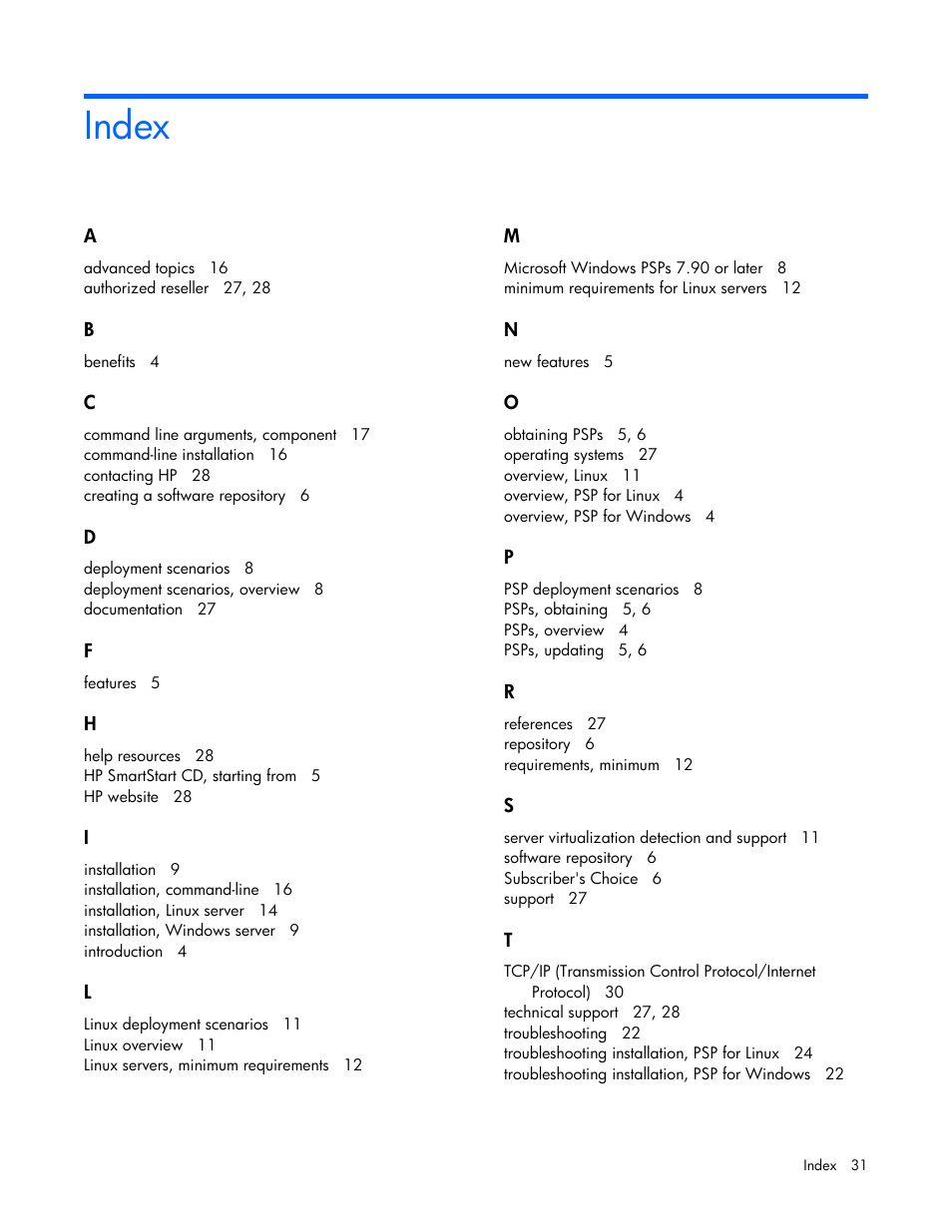 Index | HP ProLiant Support Pack User Manual | Page 31 / 32