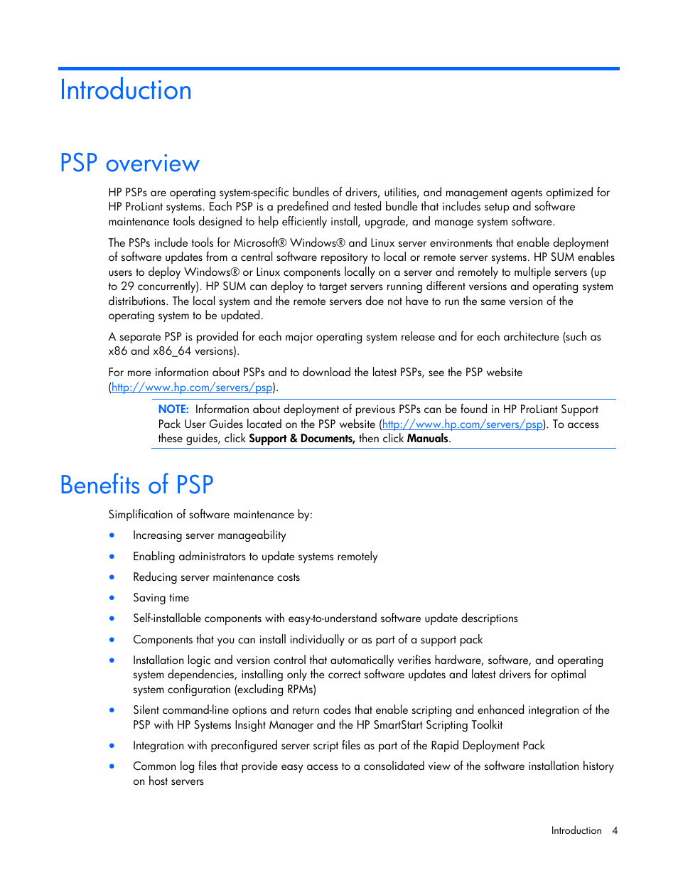 Introduction, Psp overview, Benefits of psp | Psp overview benefits of psp | HP ProLiant Support Pack User Manual | Page 4 / 32