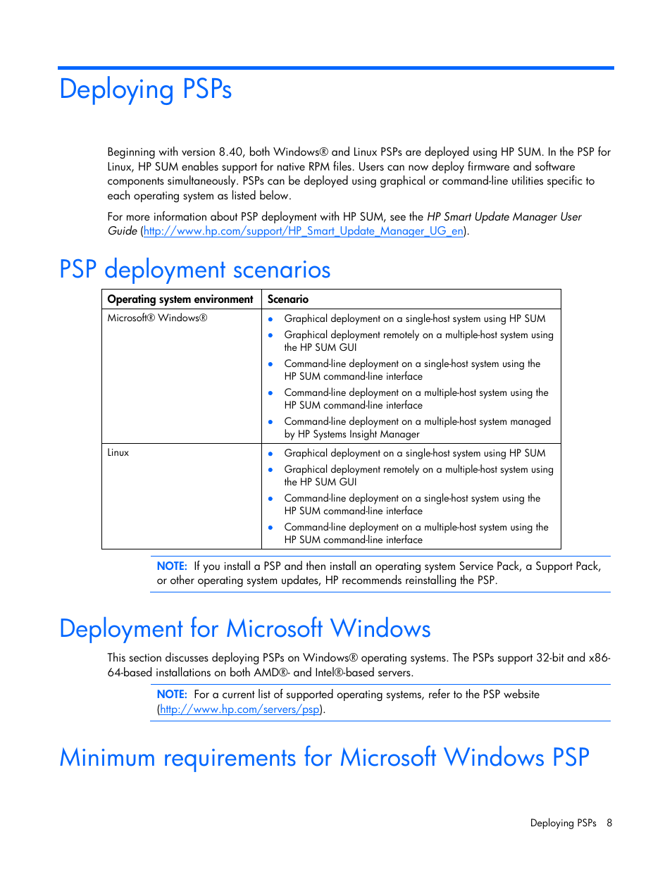 Deploying psps, Psp deployment scenarios, Deployment for microsoft windows | Minimum requirements for microsoft windows psp | HP ProLiant Support Pack User Manual | Page 8 / 32