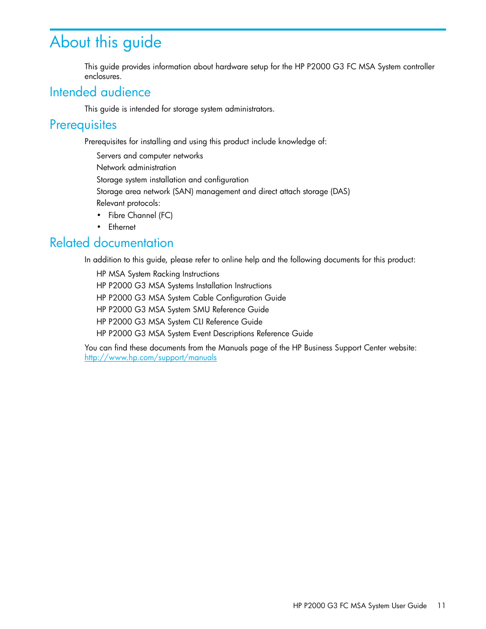 About this guide, Intended audience, Prerequisites | Related documentation | HP P2000 G3 MSA Array Systems User Manual | Page 11 / 84